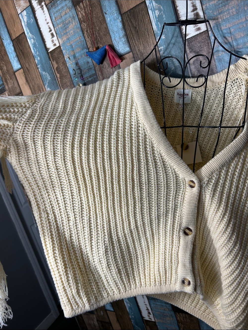 Hayden Cream Fringe Chunky V-Neck Cardigan - Picture 12 of 16